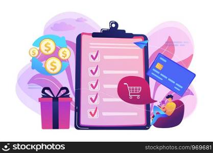 Cardholder with smartphone shopping online and getting cach rewards and checklist. Cash back service, cash back rewards, money back concept. Bright vibrant violet vector isolated illustration. Cash back concept vector illustration.