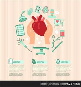 Cardiac surgery design concept wit human hands holding heart and operation icons vector illustration