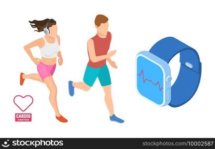 Cardio workout concept. Isometric runners monitoring heart activity. Smart fitness vector illustration. Health app on device gadget smartwatch. Cardio workout concept. Isometric runners monitoring heart activity. Smart fitness vector illustration