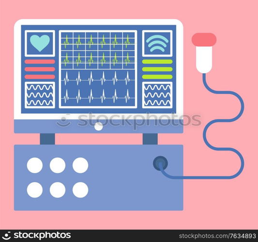Cardiogram equipment, monitor with heartbeat icon. Cardiology logotype, pulse sign, computer scan of heart, healthcare technology, diagnosis. Vector illustration in flat cartoon style. Scan Heartbeat, Cardiology Tech, Clinic Vector