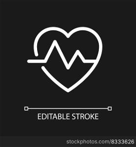 Cardiogram pixel perfect white linear ui icon for dark theme. Heart rate. Medical checkup. Vector line pictogram. Isolated user interface symbol for night mode. Editable stroke. Arial font used. Cardiogram pixel perfect white linear ui icon for dark theme