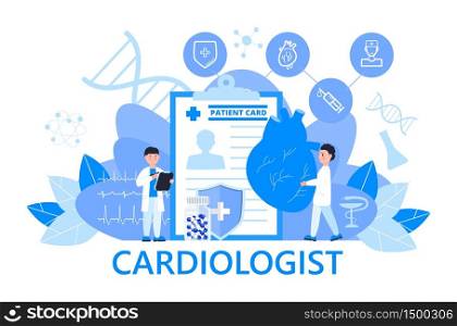 Cardiologist concept vector for web header. Hypo-tension and hypertension disease illustration for cardiology app, web. Symptoms and prevention blood pressure. Tiny doctors treat heart. No smoking.. Cardiologist concept vector for web header. Hypo-tension and hypertension disease illustration for cardiology app, web. Symptoms and prevention blood pressure. Tiny doctors treat heart.