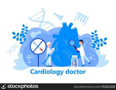 Cardiologist concept vector for web header. Hypo-tension and hypertension disease illustration for cardiology app, web. Symptoms and prevention blood pressure. Tiny doctors treat heart. No smoking.. Cardiologist concept vector for web header. Hypo-tension and hypertension disease illustration for cardiology app, web. Symptoms and prevention blood pressure. Tiny doctors treat heart.