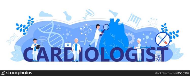 Cardiologist concept vector for web header. Hypo-tension and hypertension disease illustration for cardiology homepage. Symptoms and prevention blood pressure. Tiny doctors treat heart.. Cardiologist concept vector for web header. Hypo-tension and hypertension disease illustration for cardiology homepage. Symptom and prevention blood pressure. Tiny doctors treat heart.