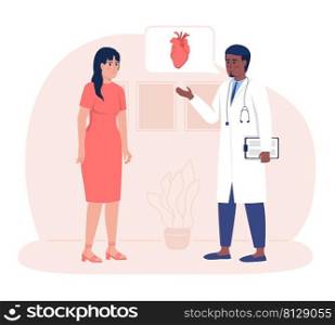 Cardiologist consulting woman in clinic 2D vector isolated illustration. Patient and doctor flat characters on cartoon background. Medical checkup colourful scene for mobile, website, presentation. Cardiologist consulting woman in clinic 2D vector isolated illustration