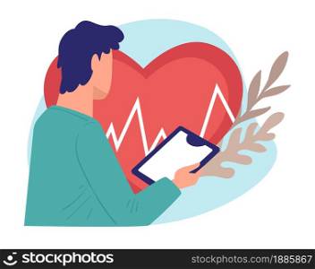 Cardiologist examining beating of heart, pulse and saturation, checking notes at clipboard. Analysis and complex check. Healthcare and wellness of patients, clinic or hospital vector in flat. Cardiology center, cardiologist examining heart beating pulse vector