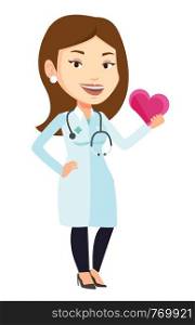 Cardiologist in doctor uniform with heart in hand. Doctor cardiologist holding heart. Healthcare and prevention of heart problems concept. Vector flat design illustration isolated on white background.. Doctor cardiologist holding heart.