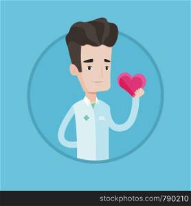 Cardiologist in doctor uniform with heart in hand. Doctor cardiologist holding heart. Concept of prevention of heart problems. Vector flat design illustration in the circle isolated on background.. Doctor cardiologist holding heart.
