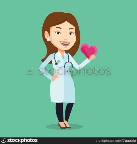Cardiologist in medical doctor uniform with heart in hand. Doctor cardiologist holding heart. Concept of healthcare and prevention of heart problems. Vector flat design illustration. Square layout.. Doctor cardiologist holding heart.