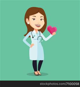 Cardiologist in medical doctor uniform with heart in hand. Doctor cardiologist holding heart. Concept of healthcare and prevention of heart problems. Vector flat design illustration. Square layout.. Doctor cardiologist holding heart.