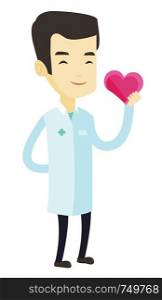Cardiologist in medical gown with heart in hand. Doctor cardiologist holding heart. Concept of healthcare and prevention of heart problems. Vector flat design illustration isolated on white background. Doctor cardiologist holding heart.