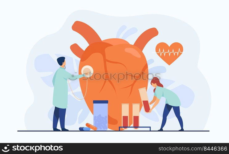 Cardiologists examining heart with stethoscope and blood samples in lab tubes among pills and heartbeat diagram. Vector illustration for cardiology, medical examination, heart disease concept