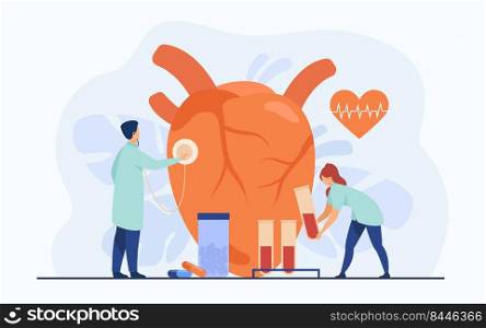 Cardiologists examining heart with stethoscope and blood samples in lab tubes among pills and heartbeat diagram. Vector illustration for cardiology, medical examination, heart disease concept