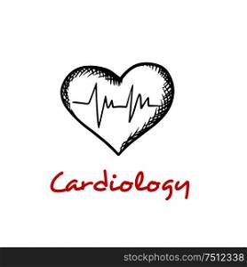Cardiology concept with sketches of heart and heartbeat cardiogram graph isolated on white background with caption Cardiology . Heart sketch icon with ECG graph