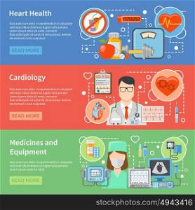 Cardiology Flat Banners. Horizontal cardiology flat banners with medicines and equipment for heart treatment and lifestyle for heart health isolated vector illustration