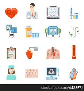 Cardiology Flat Icons Set. Cardiology flat icons set of medical tools and equipment for heart care and treatment on white background isolated vector illustration
