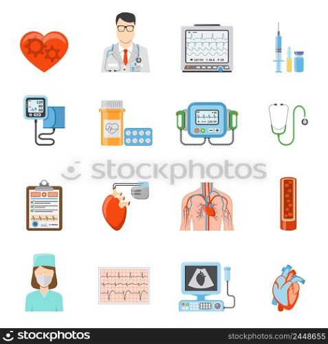 Cardiology flat icons set of medical tools and equipment for heart care and treatment on white background isolated vector illustration. Cardiology Flat Icons Set