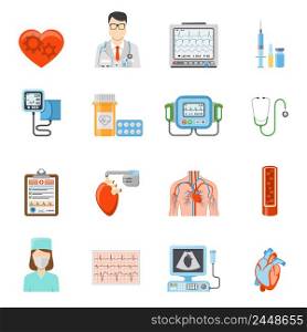 Cardiology flat icons set of medical tools and equipment for heart care and treatment on white background isolated vector illustration. Cardiology Flat Icons Set
