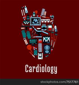 Cardiology health care symbol of heart silhouette with pills and syringes, medicine bottles and stethoscope, operation table and blood bag, ecg and blood pressure monitors, x ray and ultrasound scans, dentist equipments and instruments. Flat style. Cardiology symbol with flat silhouette of a heart