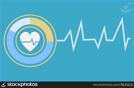 Cardiology logotype, heart in circle with curve line. Icon for app service, healthcare element, diagnosis device, cardiogram shape, rhythm symbol. Vector illustration in flat cartoon style. Cardiogram Icon, Heartbeat Logotype, Clinic Vector