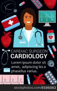 Cardiology medicine and cardiac surgery banner for medical clinic or hospital. Cardiologist doctor with heart, stethoscope and thermometer, pill, syringe and ecg heartbeat pulse for health care design. Cardiology surgeon doctor and heart medical poster