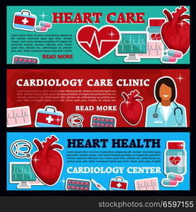 Cardiology medicine banner for heart health care and cardiac clinic. Cardiologist doctor, heart and stethoscope, pill, syringe and grug, ecg test and heartbeat pulse flat poster for hospital design. Cardiology medicine banner for heart health clinic