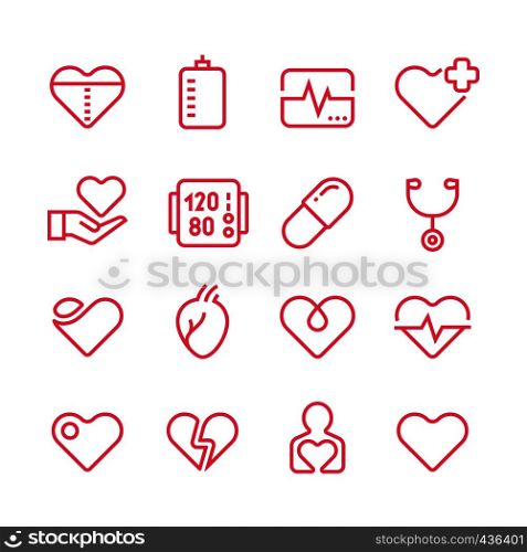 Cardiology medicine vector line icons. Cardiologist and heart diseases vector symbols. Health heart line icons. Illustration of cardiology medicine. Cardiology medicine vector line icons. Cardiologist and heart diseases vector symbols