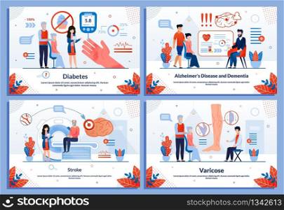 Cardiovascular and Chronic Disease Treatment Medical Banner Flat Set. Healthcare, Prevention Medicine and Cure. Vector Cartoon Patients and Doctors Characters on Consultation Illustration. Cardiovascular and Chronic Disease Treatment Set