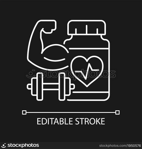 Cardiovascular supplements for athletes white linear icon for dark theme. Workout supplements. Thin line customizable illustration. Isolated vector contour symbol for night mode. Editable stroke. Cardiovascular supplements for athletes white linear icon for dark theme