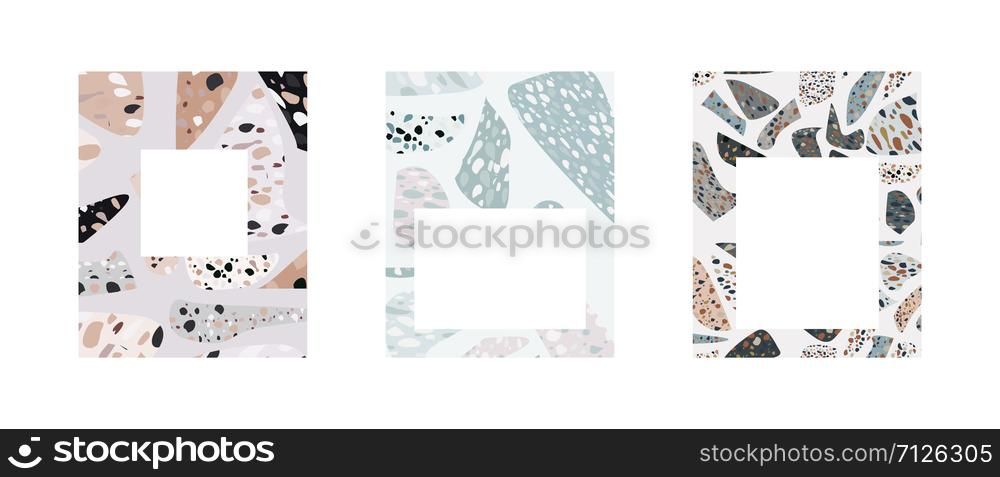 Cards bundle with geometric terrazzo seamless textures. Modern marble pattern with chaotic stone particles on white background. Banner, poster, greeting card. Vector.. Cards bundle with geometric terrazzo seamless textures.