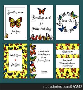 Cards with butterflies. Design template of cards invitation with illustrations of colored butterflies. Vector invitation card with colored butterfly. Cards with butterflies. Design template of cards invitation with illustrations of colored butterflies