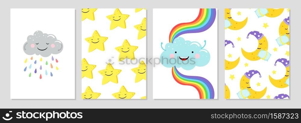 Cards with cute clouds, rainbow, moon. Vector cartoon clouds and stars banner template. Cards with clouds, rainbow, moon