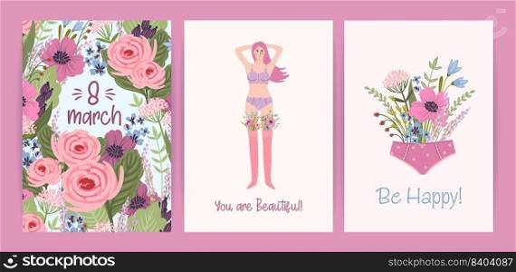 Cards with cute female illustrations. Vector set for Happy Womens Day, 8 march and other use.. Cards with cute female illustrations. Vector set for Happy Womens Day, 8 march and other