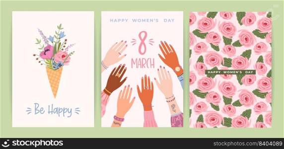 Cards with cute female illustrations. Vector set for Happy Womens Day, 8 march and other use.. Cards with cute female illustrations. Vector set for Happy Womens Day, 8 march and other