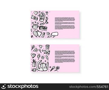 Cards with cute love symbols. Cats and cozy objects. Vector illustration.
