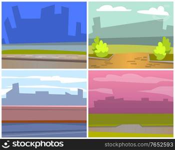 Cards with natural landscape backgrounds, urban city buildings silhouettes. Shadow of skyscrapers, asphalt sidewalk, green nature in town. Vector place for cafe or restaurant, empty space for design. Restaurant Space in City, Skyscraper View Vector