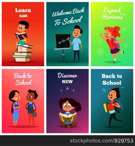 Cards with pupils. Design template of cards with school characters. Vector back to school, discover new and learn illustration. Cards with pupils. Design template of cards with school characters