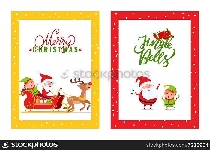 Cards with Santa Claus, Reindeer, Elf, Dwarf. Vector cartoon heroes in carriage full of presents and box gifts merry singing songs on Christmas holidays. Cards with Santa Claus, Reindeer, Elf, Dwarf