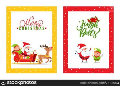 Cards with Santa Claus, Reindeer, Elf, Dwarf. Vector cartoon heroes in carriage full of presents and box gifts merry singing songs on Christmas holidays. Cards with Santa Claus, Reindeer, Elf, Dwarf