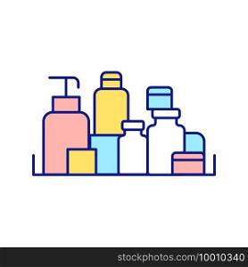 Care and decorative cosmetics on shelf RGB color icon. Cosmetic bag and bathroom. Disposal of expired products. Cleaning and tidying. Declutter and cleaning service. Isolated vector illustration. Care and decorative cosmetics on shelf RGB color icon
