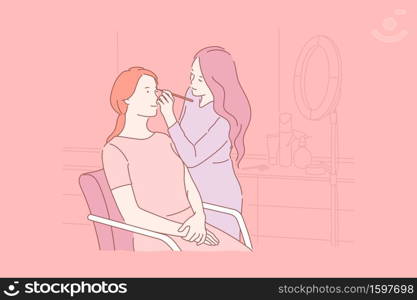 Care, beautiful, makeup, depilation concept. Young woman uses the services of makeup artist in beauty salon. Teenage girl loves to take care of appearance. Eyebrow correction. Flat simple vector.. Care, beauty, makeup, depilation concept.
