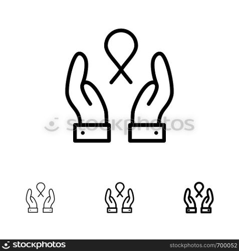 Care, Breast Cancer, Ribbon, Woman Bold and thin black line icon set