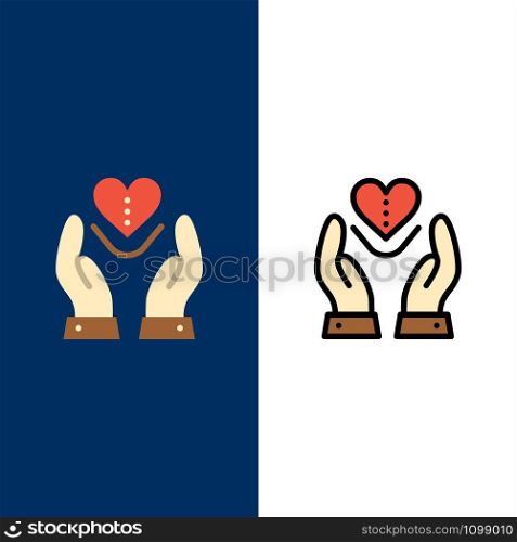 Care, Compassion, Feelings, Heart, Love Icons. Flat and Line Filled Icon Set Vector Blue Background