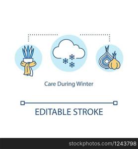 Care during winter concept icon. Keeping houseplants warm. Planting in cold and low light conditions idea thin line illustration. Vector isolated outline RGB color drawing. Editable stroke