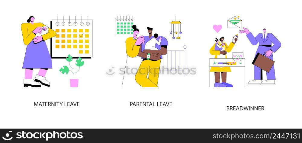 Care for children and family abstract concept vector illustration set. Maternity and parental leave, breadwinner, home office, pregnant woman, newborn child, family needs support abstract metaphor.. Care for children and family abstract concept vector illustrations.