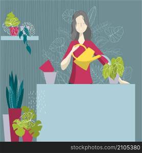 Care for indoor flowers. Girl watering flowers from a watering can.Vector illustration.. Girl watering flowers. Vector illustration.