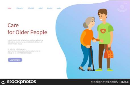 Care for older people vector, man helping old lady to carry bags, volunteering male assisting senior pensioner. Social worker wearing tshirt. Website or slider app, landing page flat style. Care for Older People, Volunteer with Old Lady