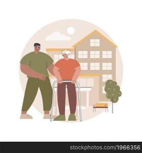 Care for the elderly abstract concept vector illustration. Eldercare, senior homesick nursing, care services, happy on wheelchair, home support, retired people, nursing home abstract metaphor.. Care for the elderly abstract concept vector illustration.
