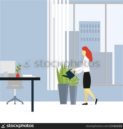 Care of flowers in the office. Woman watering flowers in the office. Vector illustration.. Woman watering flowers in the office.