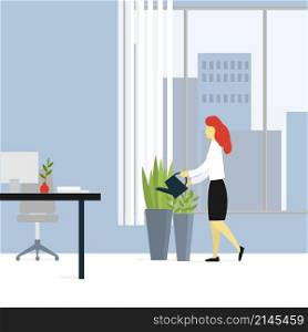 Care of flowers in the office. Woman watering flowers in the office. Vector illustration.. Woman watering flowers in the office.